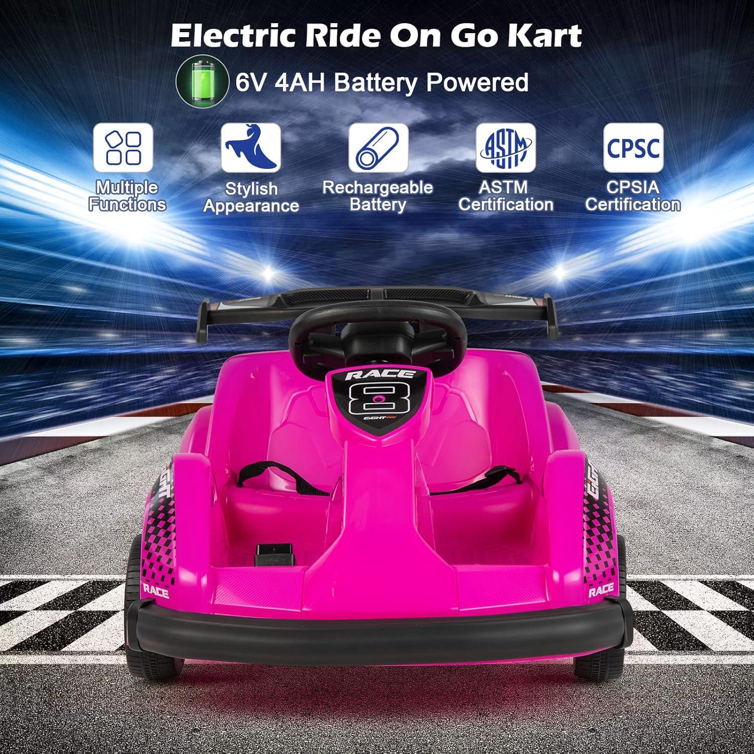 Costway 6V Electric Go Kart for Kids Electric Ride On Car w/ 2.4G Remote Control w/Soft Start Sound and Music Function Pink