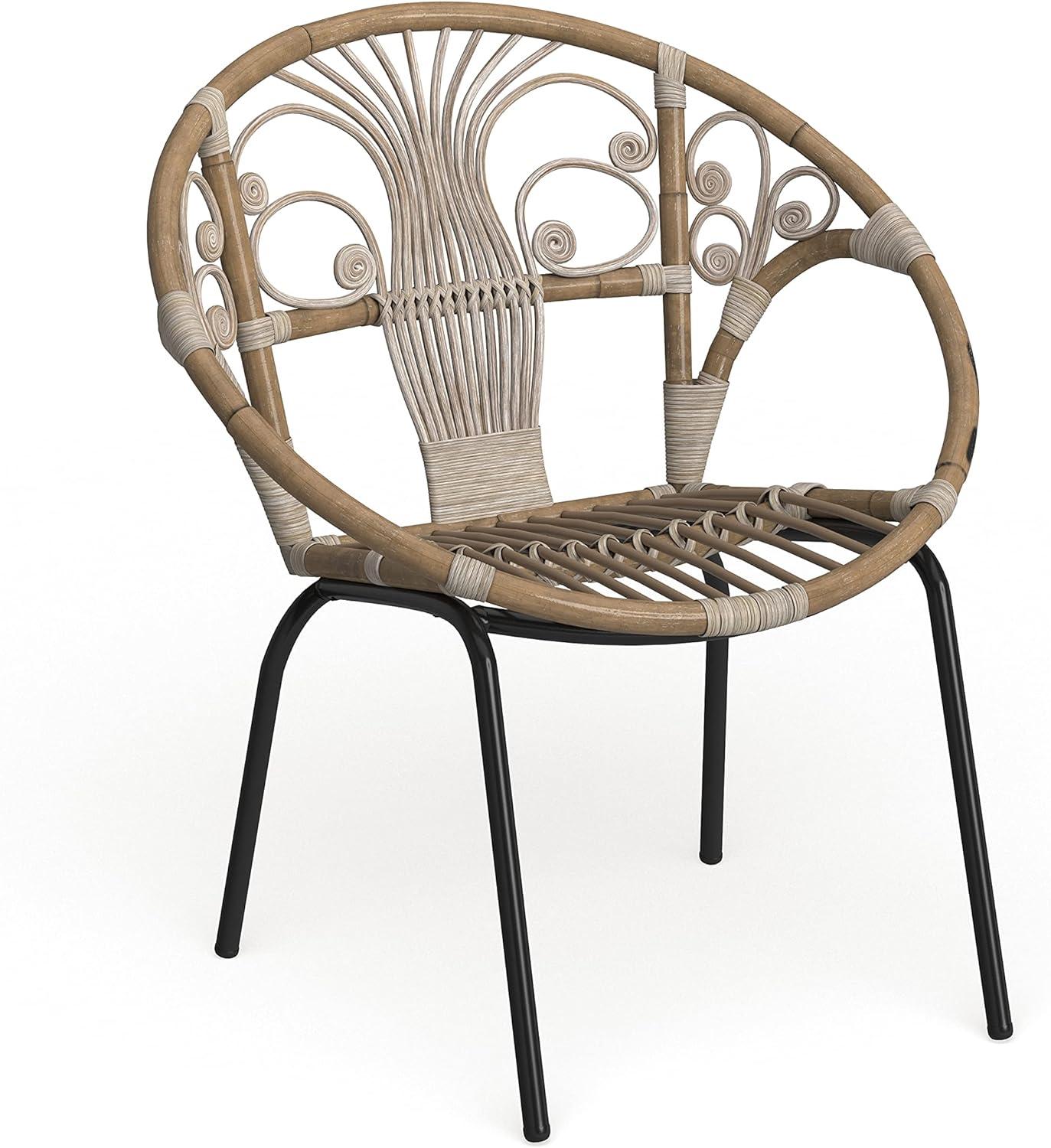 Transitional Grey Floral Rattan Accent Chair with Metal Legs