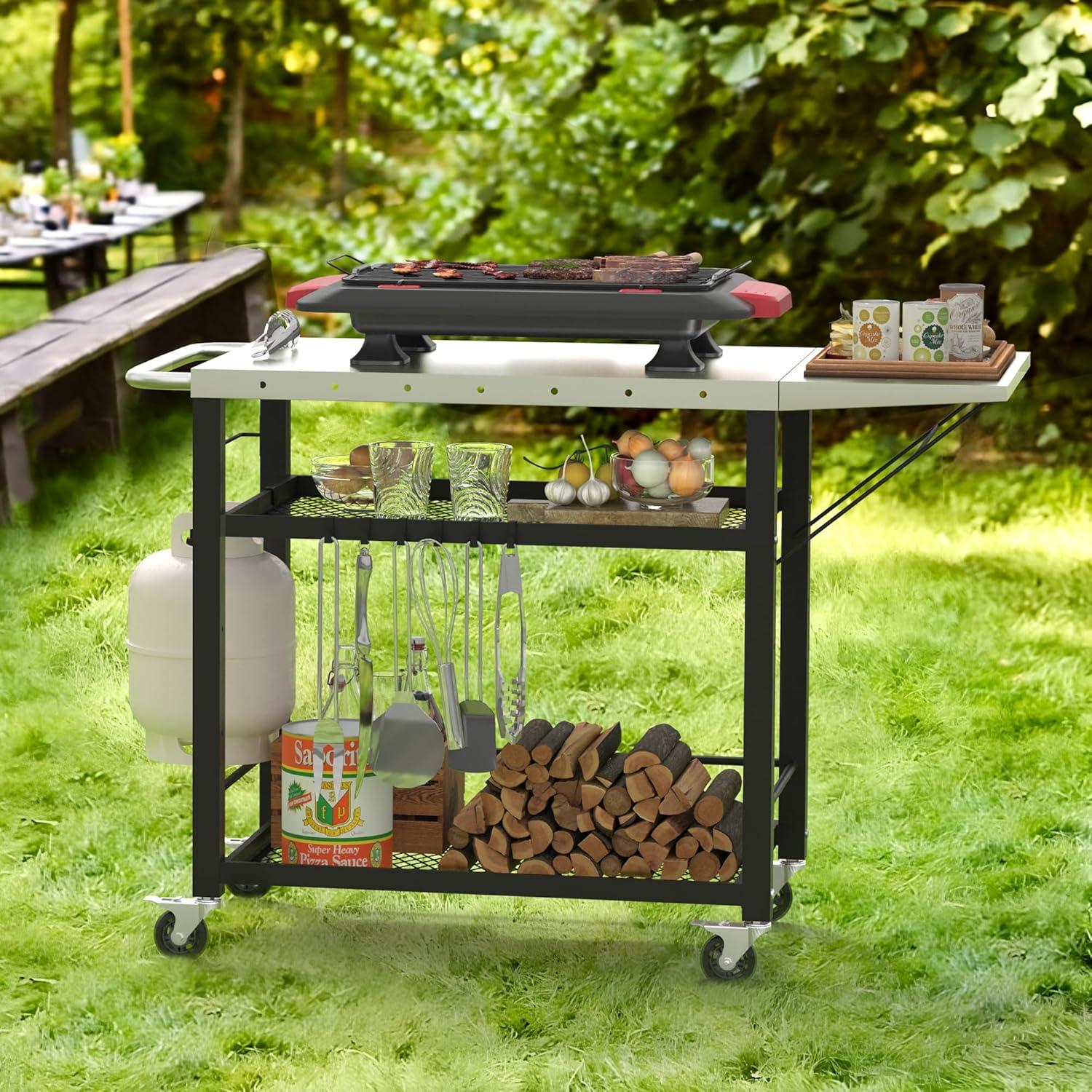 Dycanpo 33” Grill Cart Outdoor, Movable Gill Table, Stainless Steel, 3 Tiers, Black