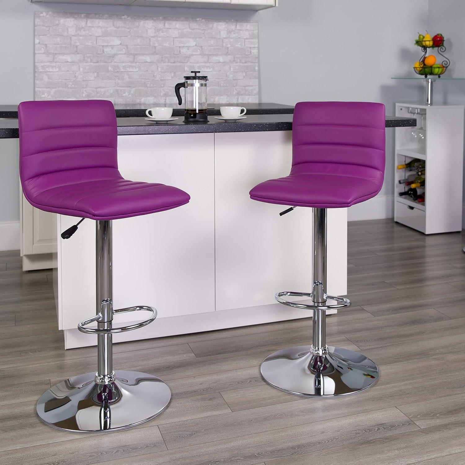 Flash Furniture Modern Purple Vinyl Adjustable Bar Stool with Back, Counter Height Swivel Stool with Chrome Pedestal Base