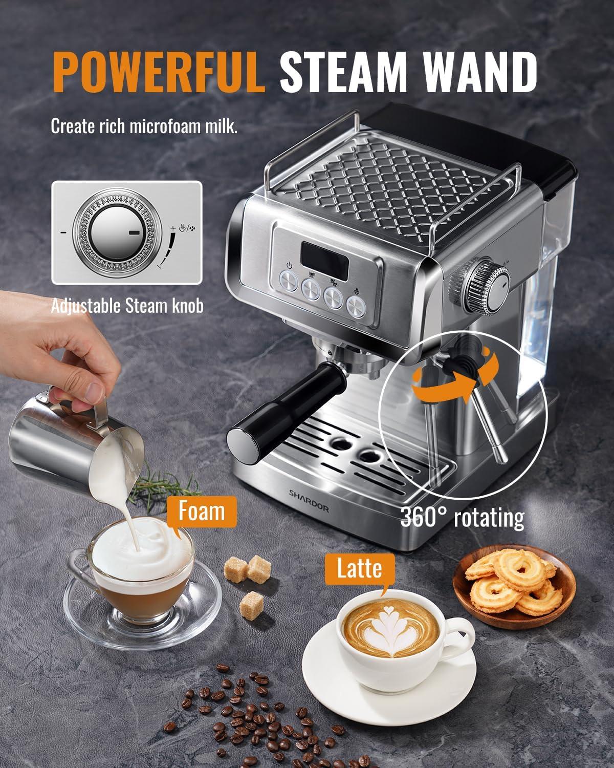 ilavie Espresso Machine, 20 Bar Espresso Coffee Machine for Cappuccino, Latte, Stainless Steel Espresso Maker for Home, 1350W Espresso Machine with Milk Steamer, 1.8L Water Tank