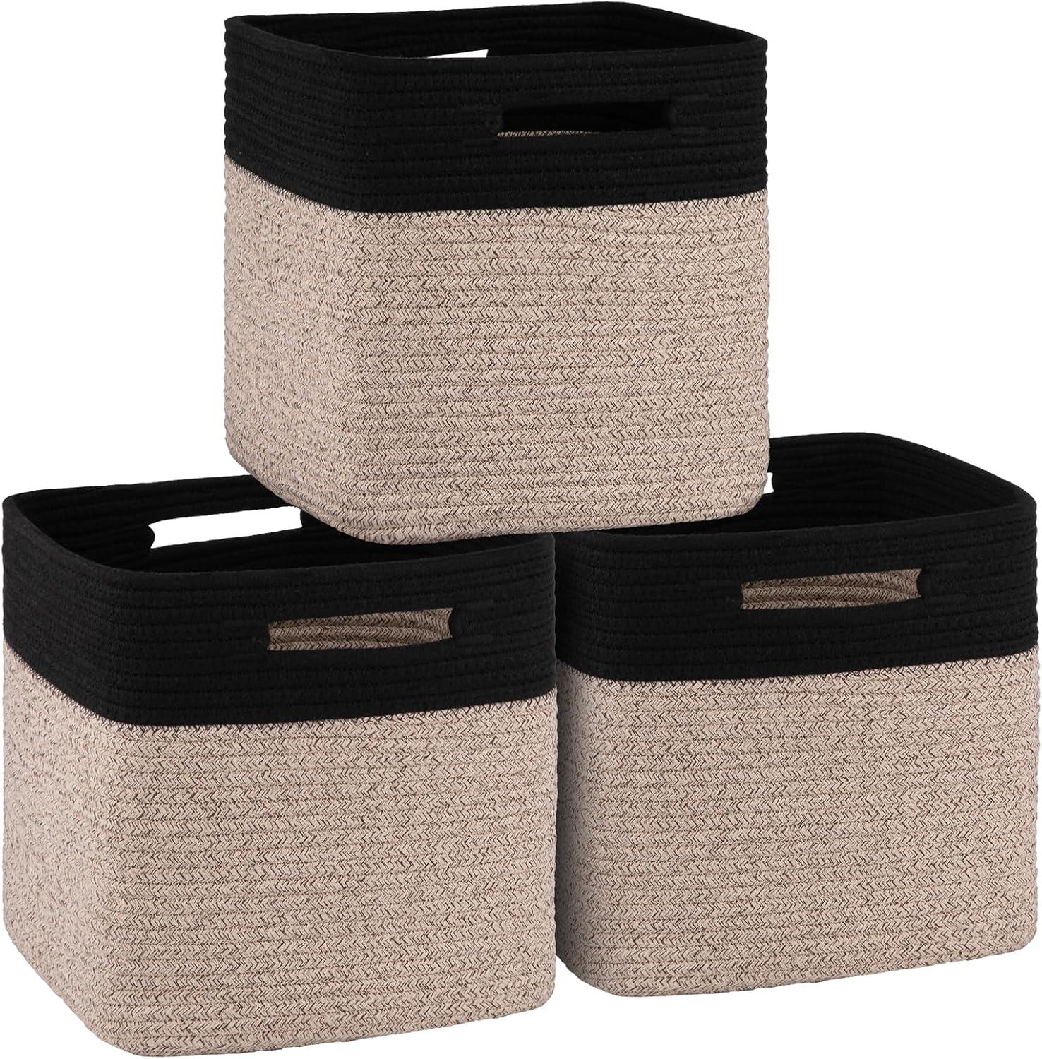 Storage Cube Baskets for Organizing-3 Pack - 11 inch Square Baskets for Cube Storage Closet Storage Bins- Woven Cube Storage Bins for Shelves- Cube Drawer-Toy Storage |White & Black