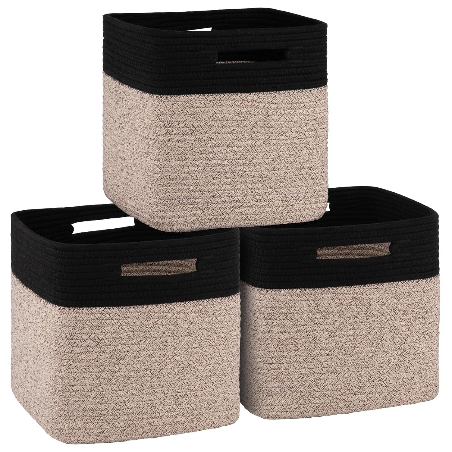 Storage Cube Baskets for Organizing-3 Pack - 11 inch Square Baskets for Cube Storage Closet Storage Bins- Woven Cube Storage Bins for Shelves- Cube Drawer-Toy Storage |White & Black