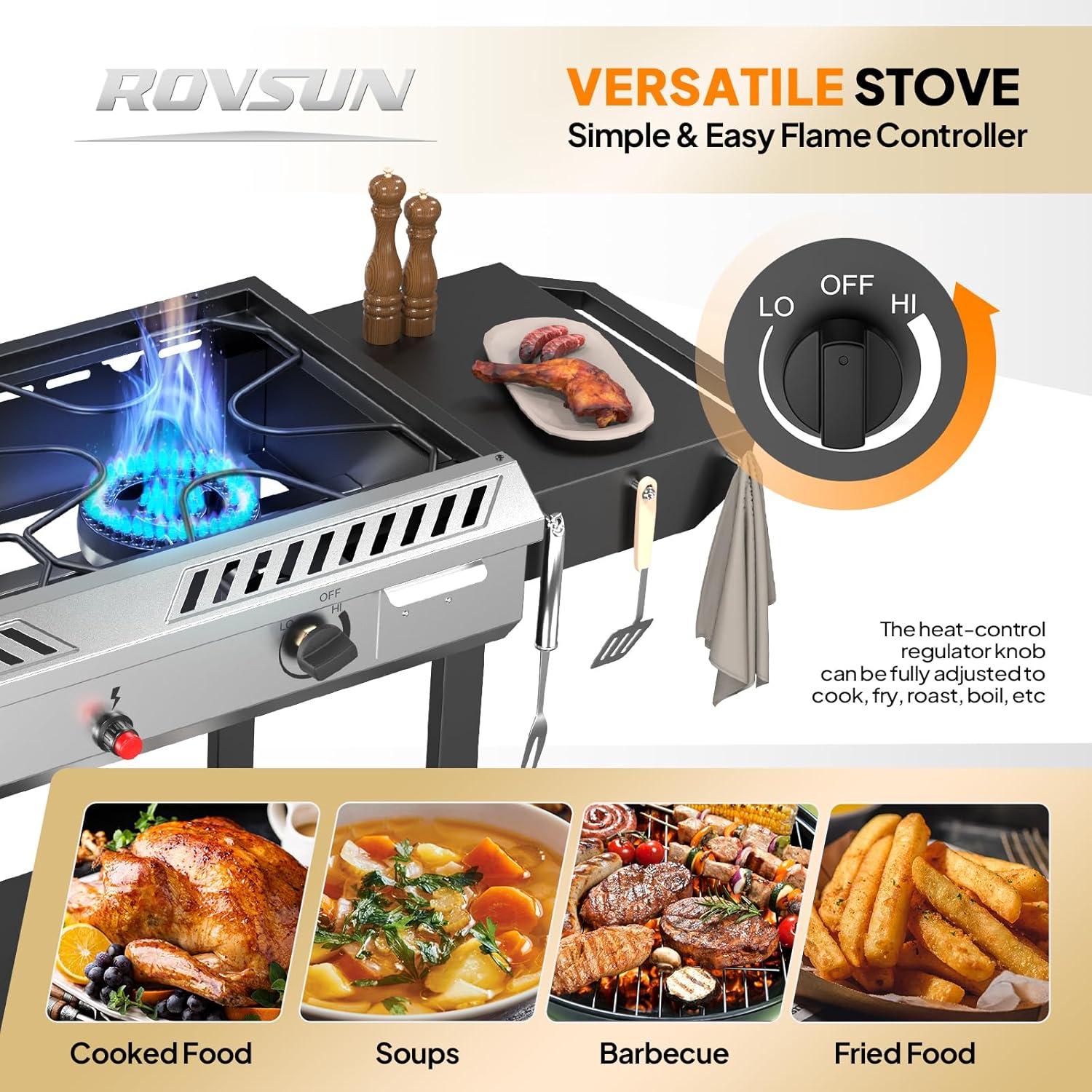ROVSUN 2 Burner Outdoor Propane Gas Stove with Ignition, Regulator & Shelf, 150,000 BTU Powerful Cooker for Backyard Patio Cooking Home Canning Frying