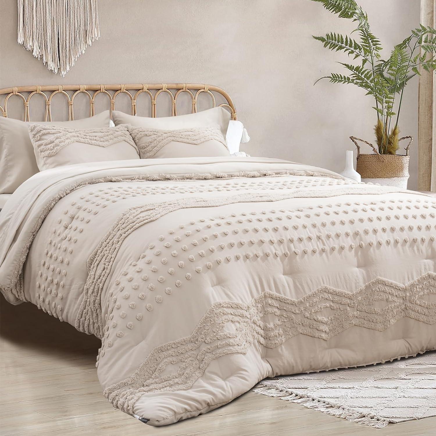 Beige Tufted Boho Queen Comforter Set with Pom Pom Accents