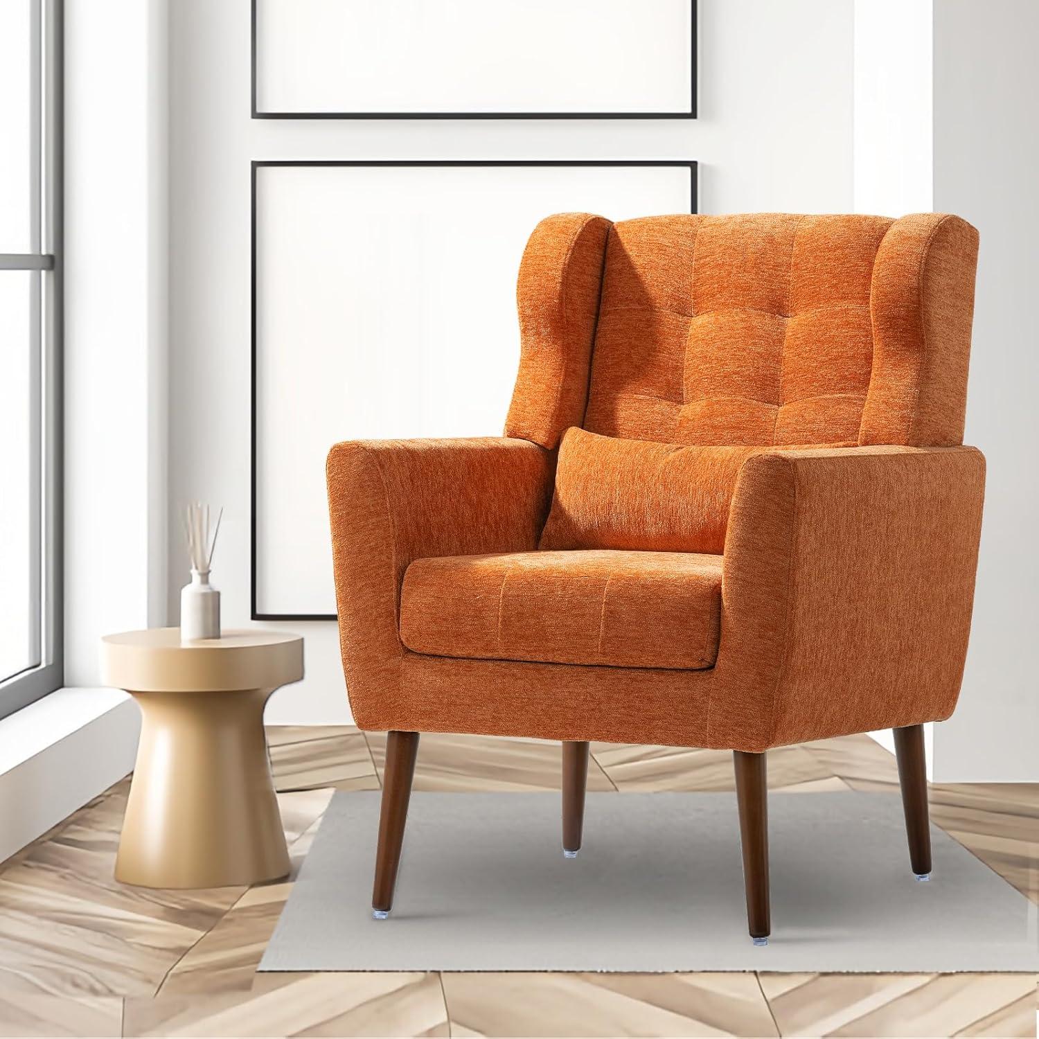 Orange Chenille Accent Chair with Solid Wood Legs