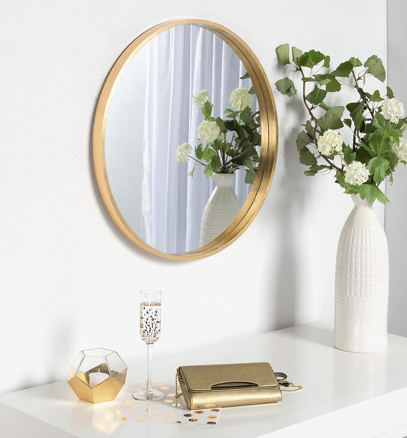 26" x 26" Travis Round Wood Accent Wall Mirror Gold - Kate and Laurel All Things Decor: Vanity, Decorative, No Assembly Required