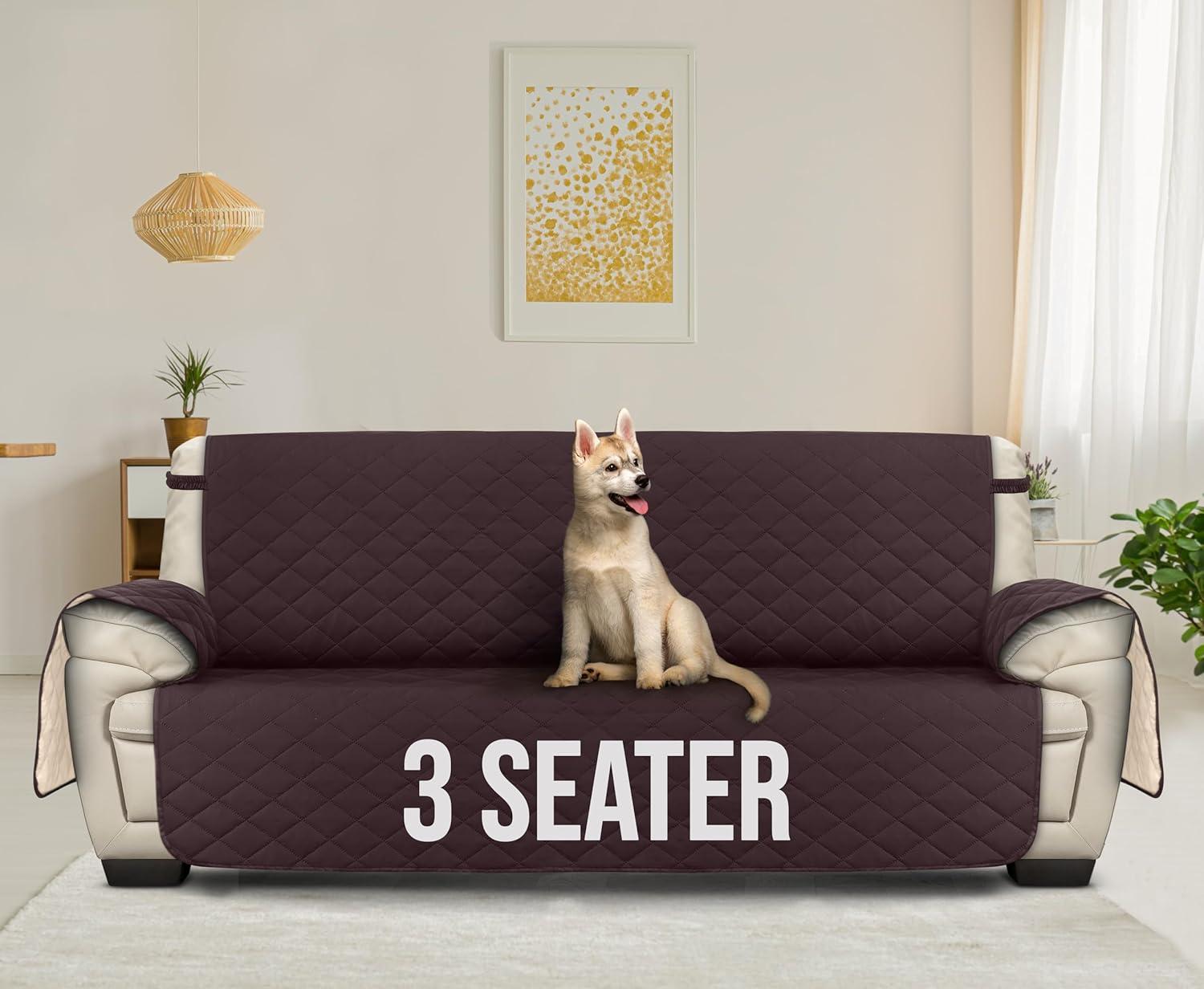 Utopia Bedding Reversible Sofa Couch Cover, Water Resistant Slipcover Furniture Protector with Foam Sticks and Elastic Straps for Kids Dogs Pets (3 Seater, Chocolate/Beige)