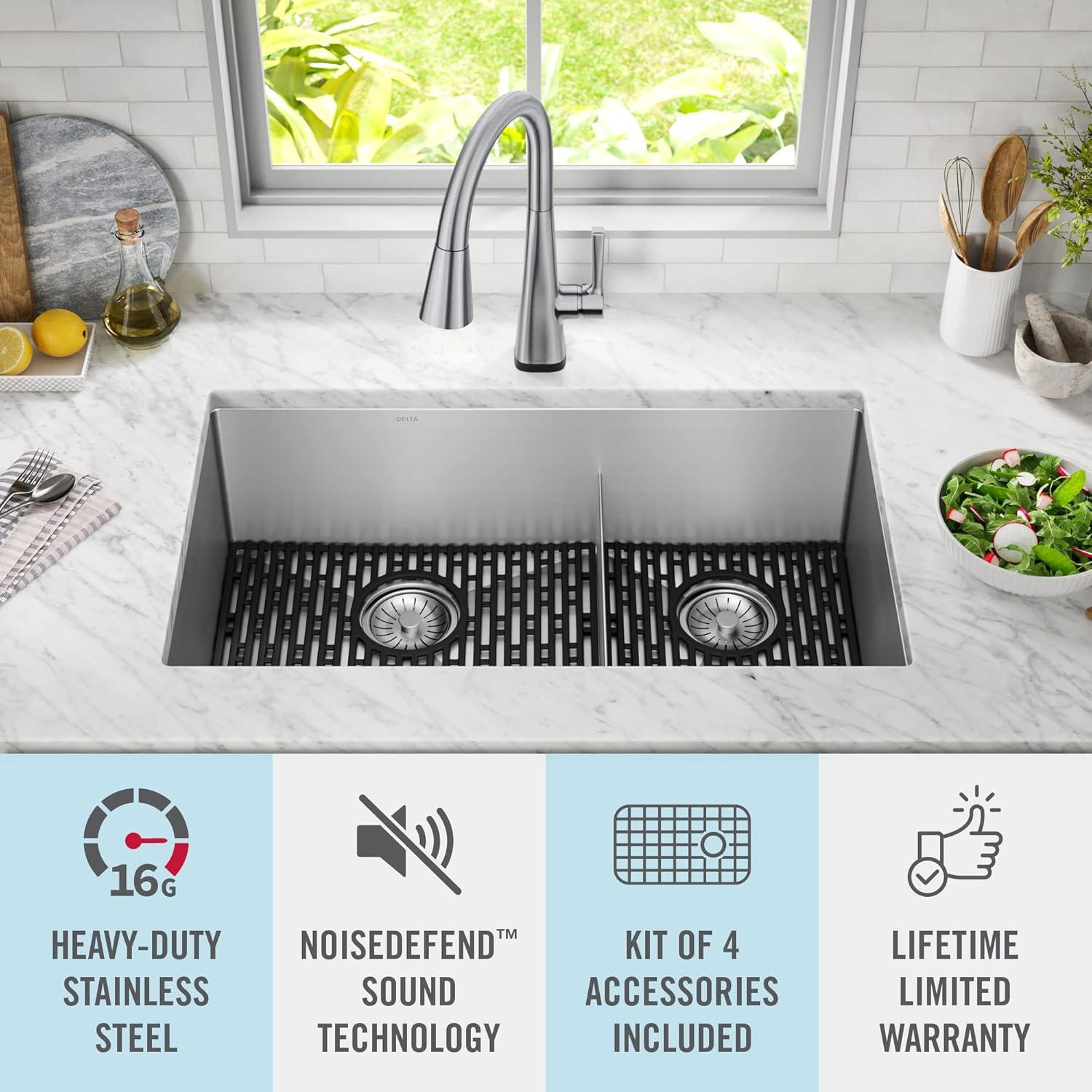 Delta Lenta™ 32" L Undermount 16 Gauge Stainless Steel Double Bowl Kitchen Sink with Accessories