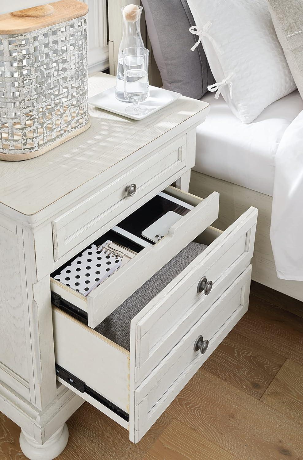 Robbinsdale 2 Drawer Nightstand White - Signature Design by Ashley: Bronze-Tone Hardware, Wood Veneer, Storage Tray