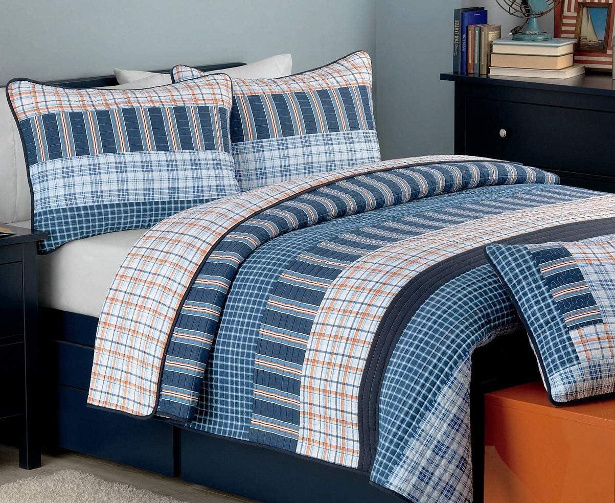 Chambray Stripe Farmhouse / Country Cotton Plaid Quilt Set