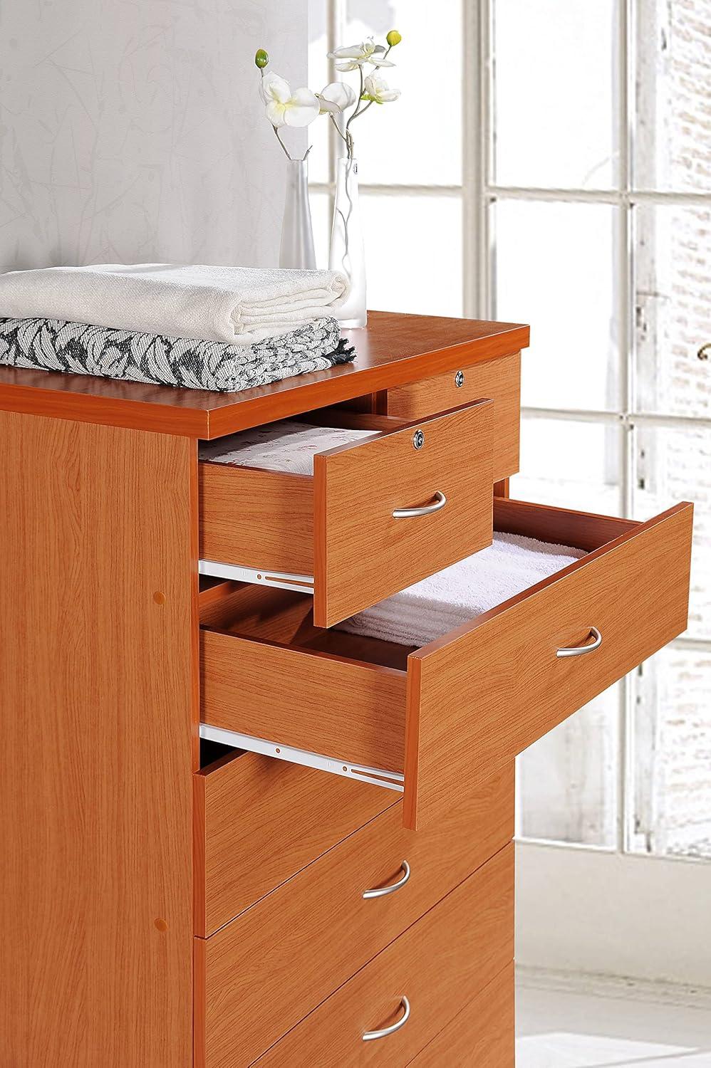 Hodedah 7 Drawer Wooden Jumbo Dresser Chest with 2 Top Locks, Cherry