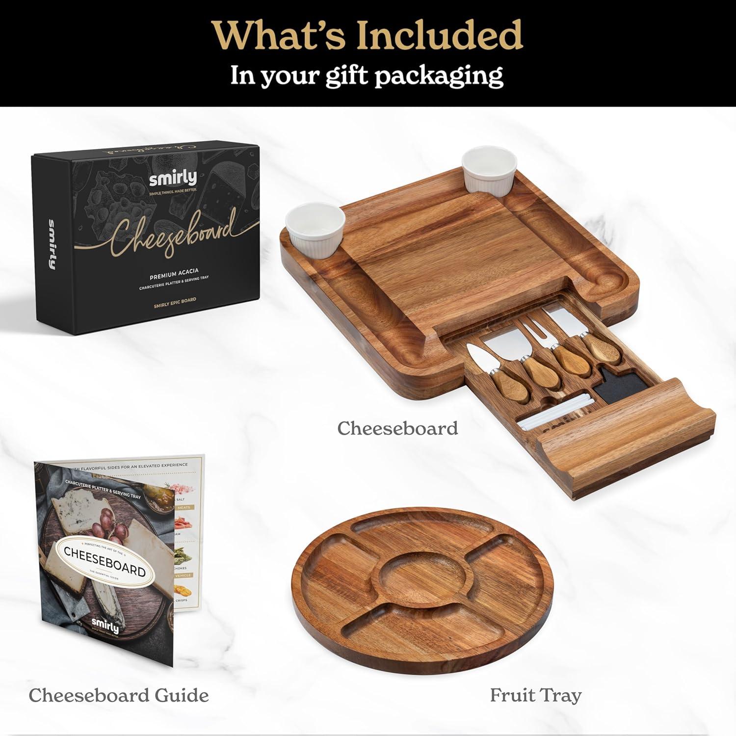 SMIRLY Charcuterie Board Set Large Bamboo Cheese Board with Fruit Tray & 2 Ceramic Bowls