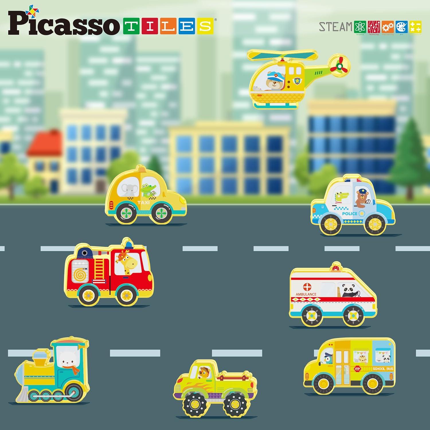 Picasso-TILES 8 PC Metro City Vehicle Themed, Magnetic Tiles, Building Blocks, STEM Toys for Kids 3+