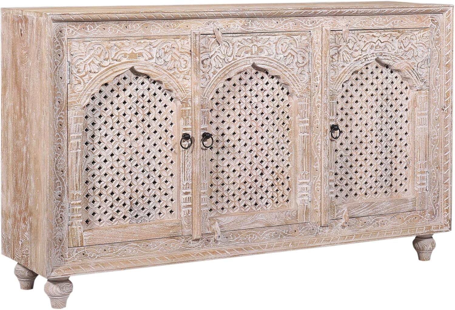 Patrin Distressed Natural Mango Wood Sideboard with Carved Doors