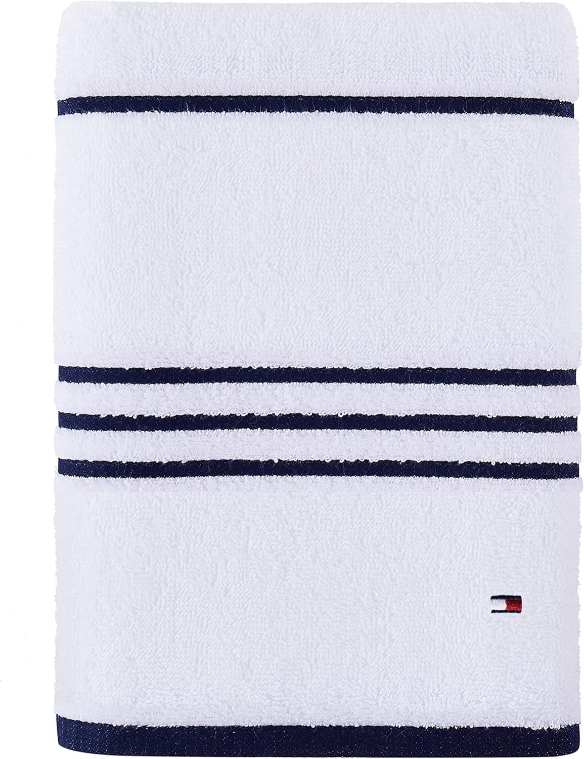 Modern American Stripe White and Peacoat Cotton Bath Towel