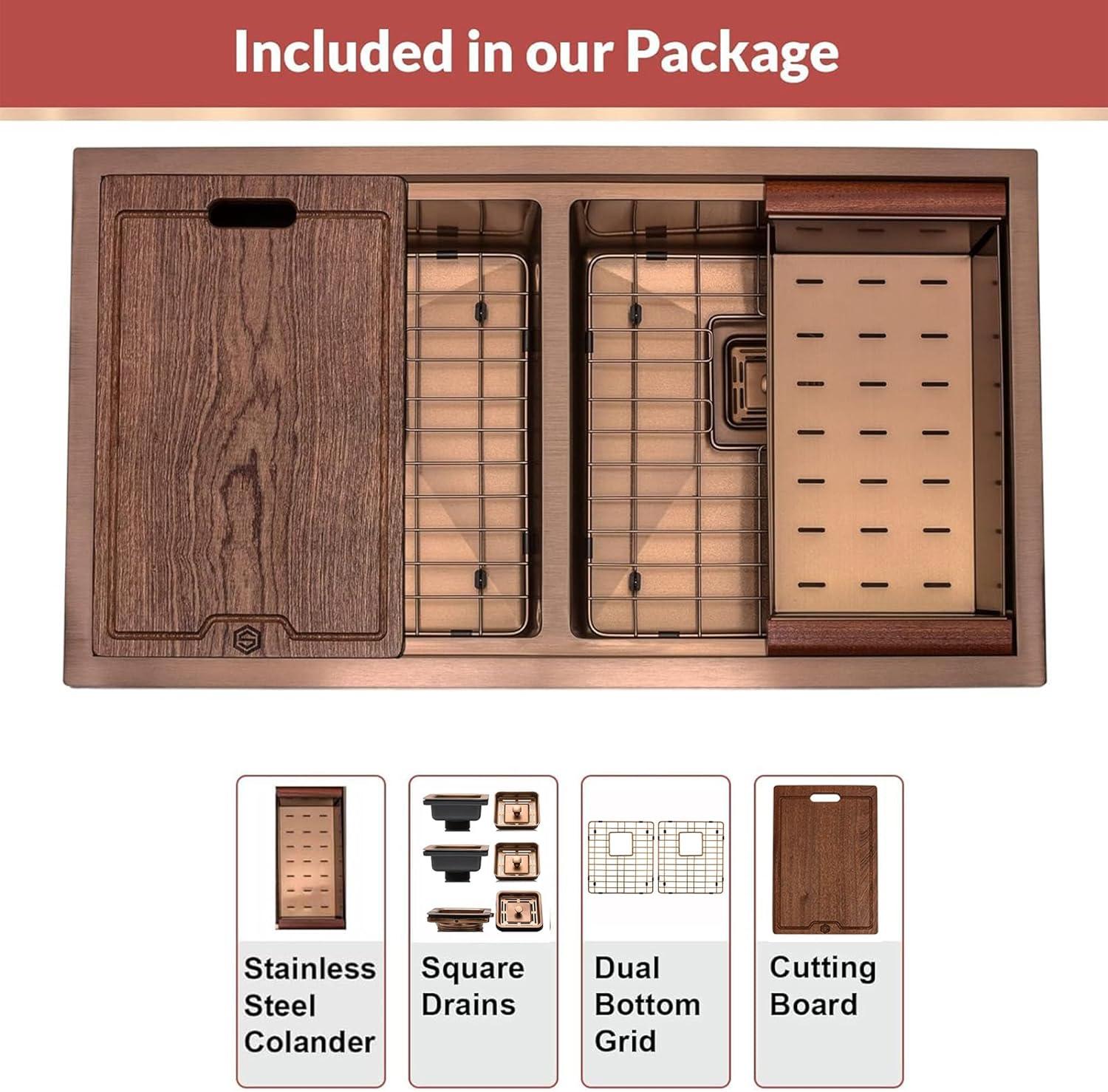 Strictly Sinks 32” Copper Undermount Workstation 16 Gauge Double Bowl Kitchen Sink Stain Resistant