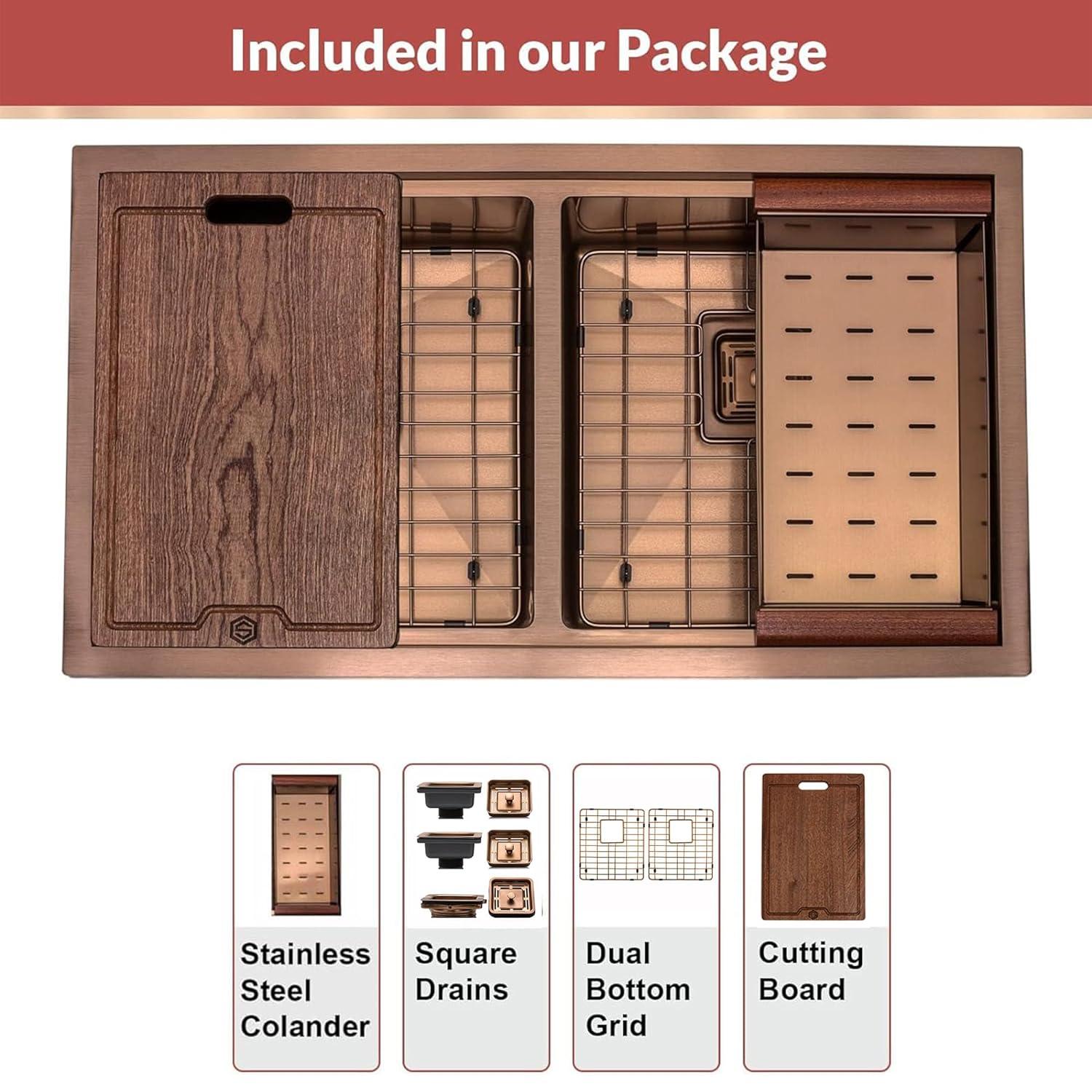 Strictly Sinks 32” Copper Undermount Workstation 16 Gauge Double Bowl Kitchen Sink Stain Resistant