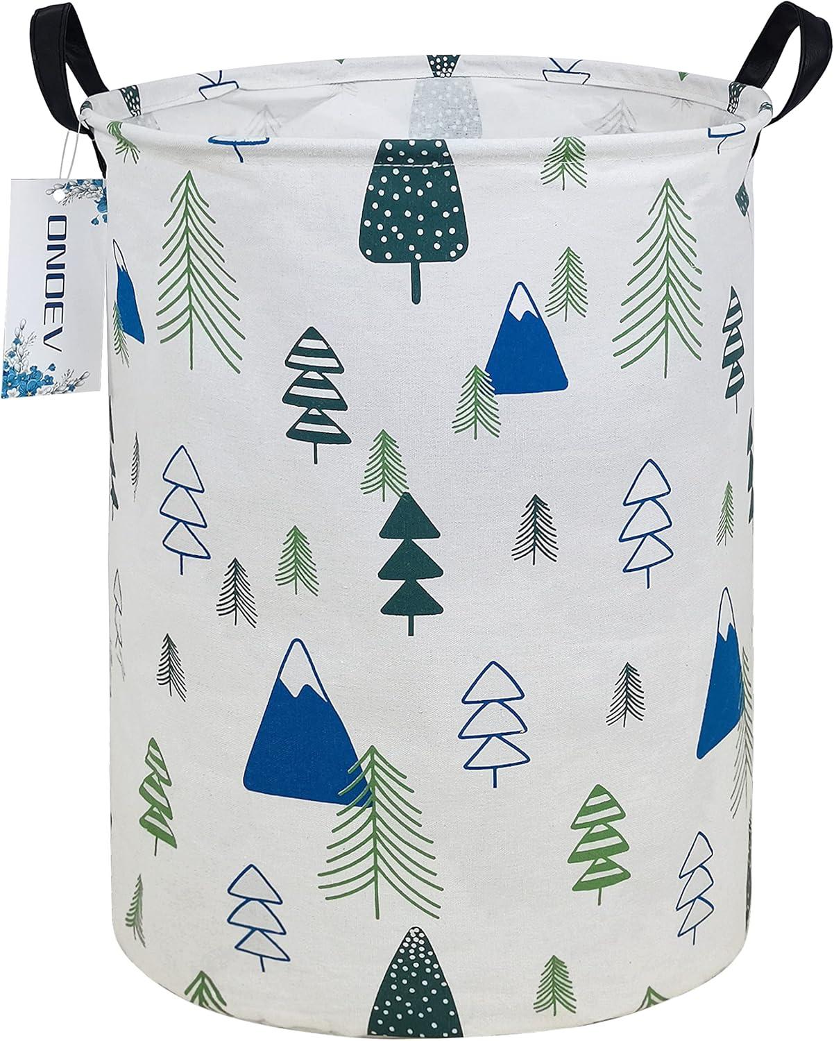 Round White and Green Fabric Storage Bin with Handles