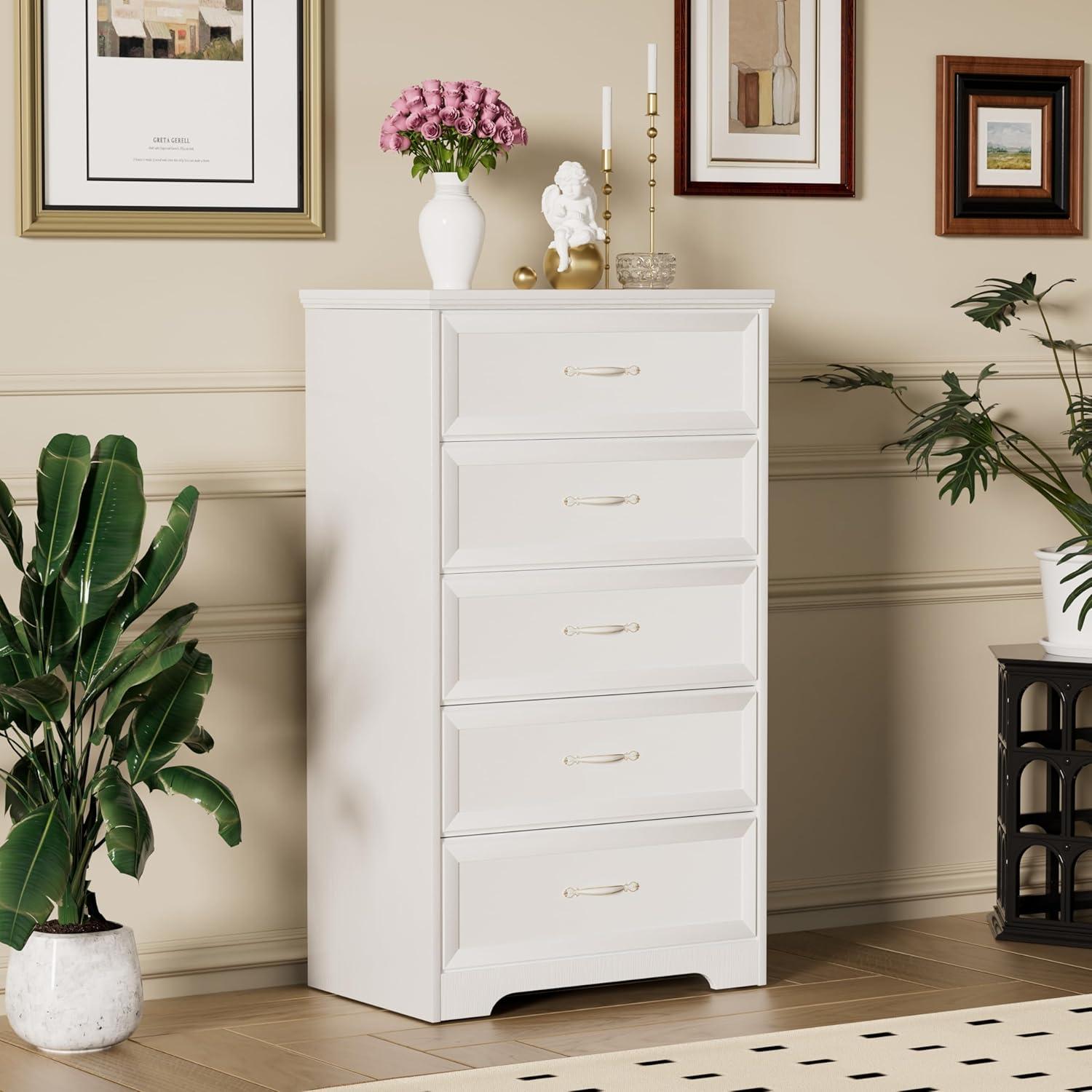 White Laminated 5-Tier Space-Saving Chest of Drawers