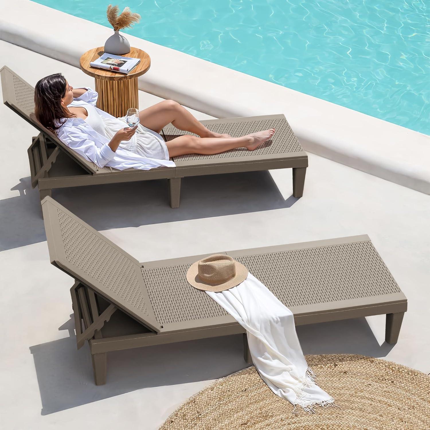 JUMMICO Patio Chaise Lounge Chair Set of 2 Outdoor PE Waterproof Adjustable Easy Assembly Lounge Chairs for Outside Pool Garden Deck Beach (Light Brown, Set of 2)