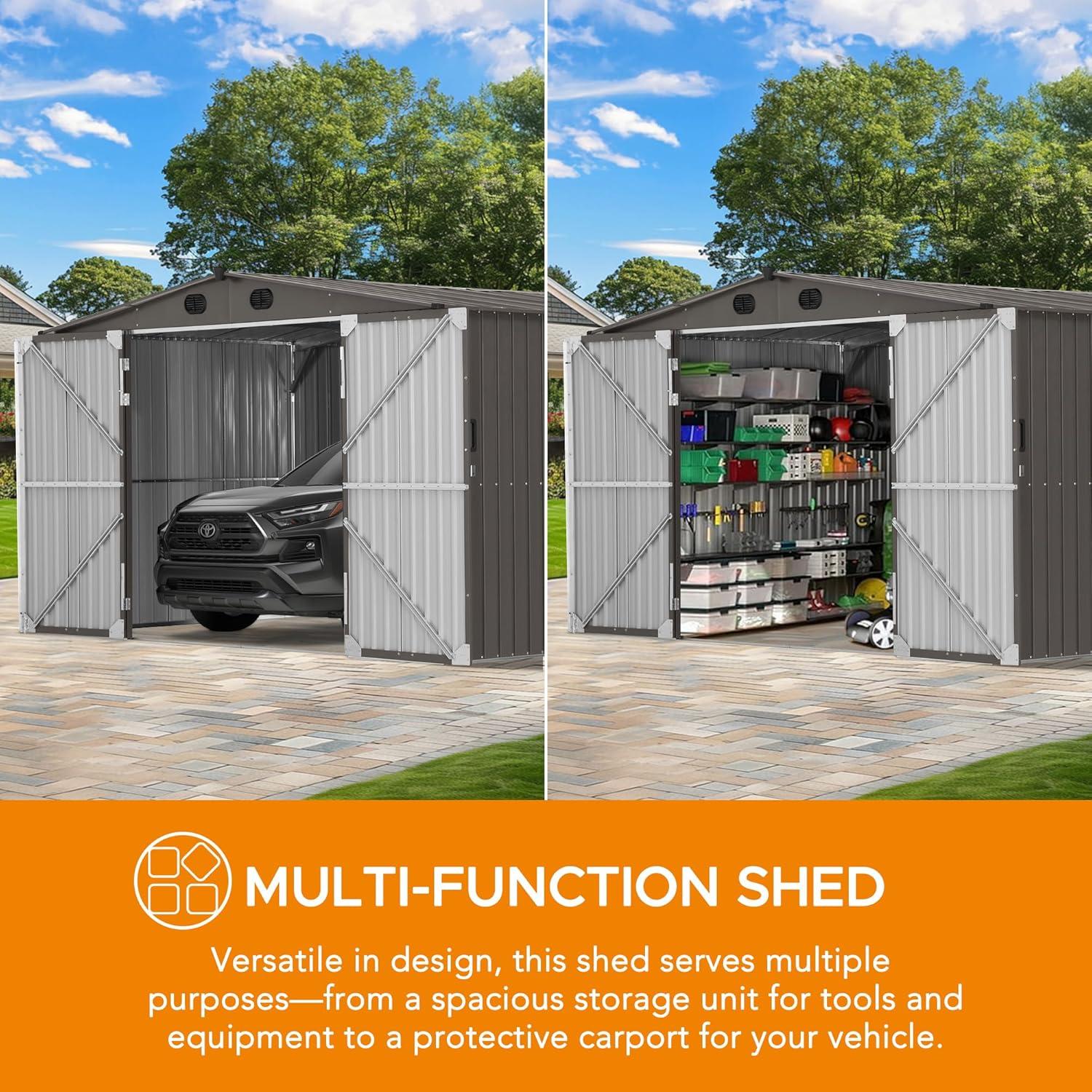 Sunjoy Sunjoy Outdoor Storage Shed 10 x 20 ft. Carport, Patio Metal Utility Large Storage Shed Garage with 2 Doors and 4 Vents, for Car, Truck, Bike, Garbage Can, Tool, Lawnmower