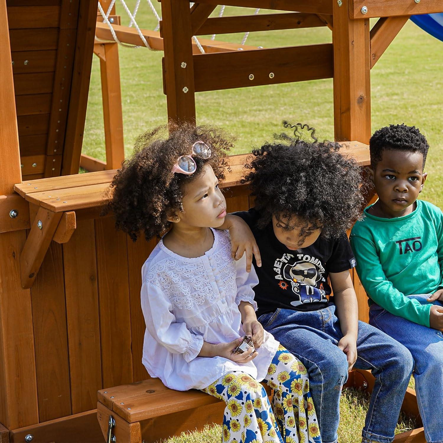 Dolphin Playground Dolphin Playground Luxury Cedar Playground Set: Double Wave Slide, 2-in-1 Table, Monkey Bars, Balance Beam, 3 Swings, Large Rock Wall, Wood Roof