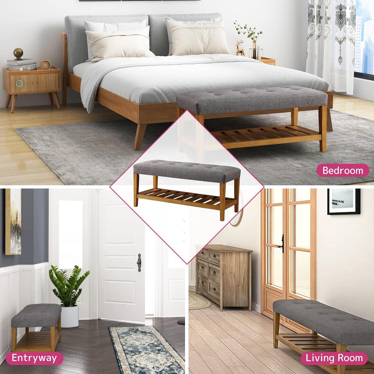 Acme Furniture Charla Bench Gray Fabric/Oak Finish