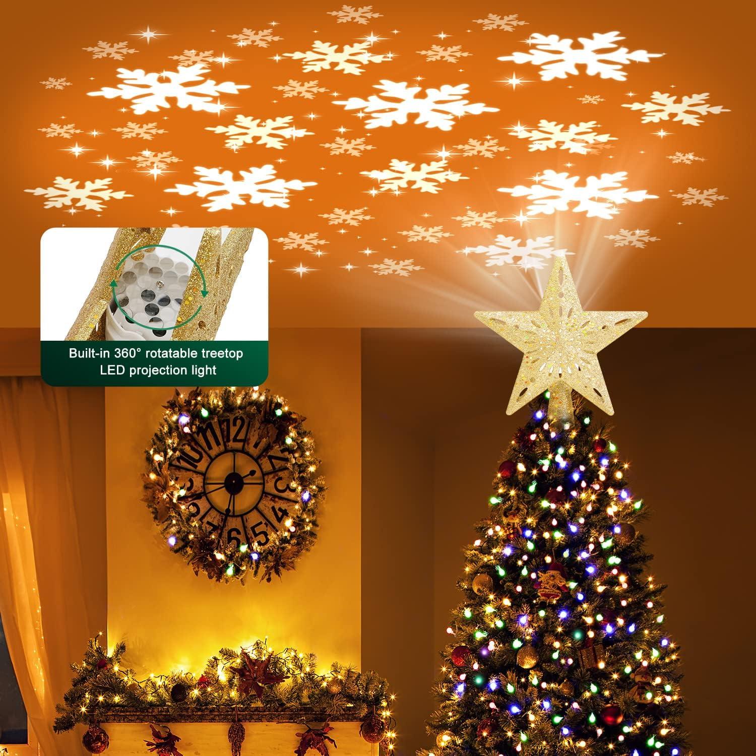 HOUFIY Christmas Tree Topper Lighted with 6 Projection Modes Star Tree Topper Built-in LED Rotating 3D Lighted Glitter Star Decorations Projector Tree Topper for Christmas Tree