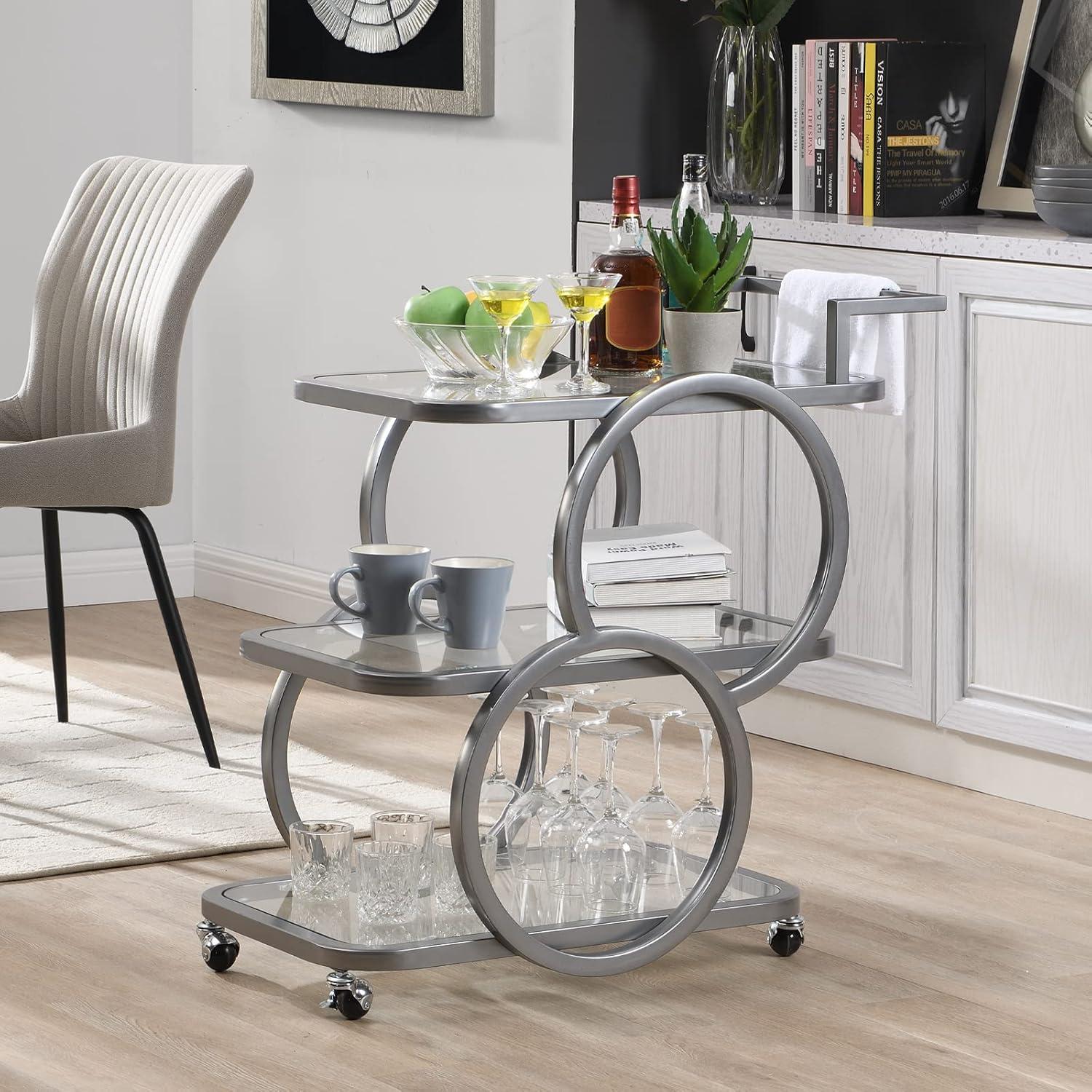 Silver Chrome 3-Tier Glass Bar Cart with Storage