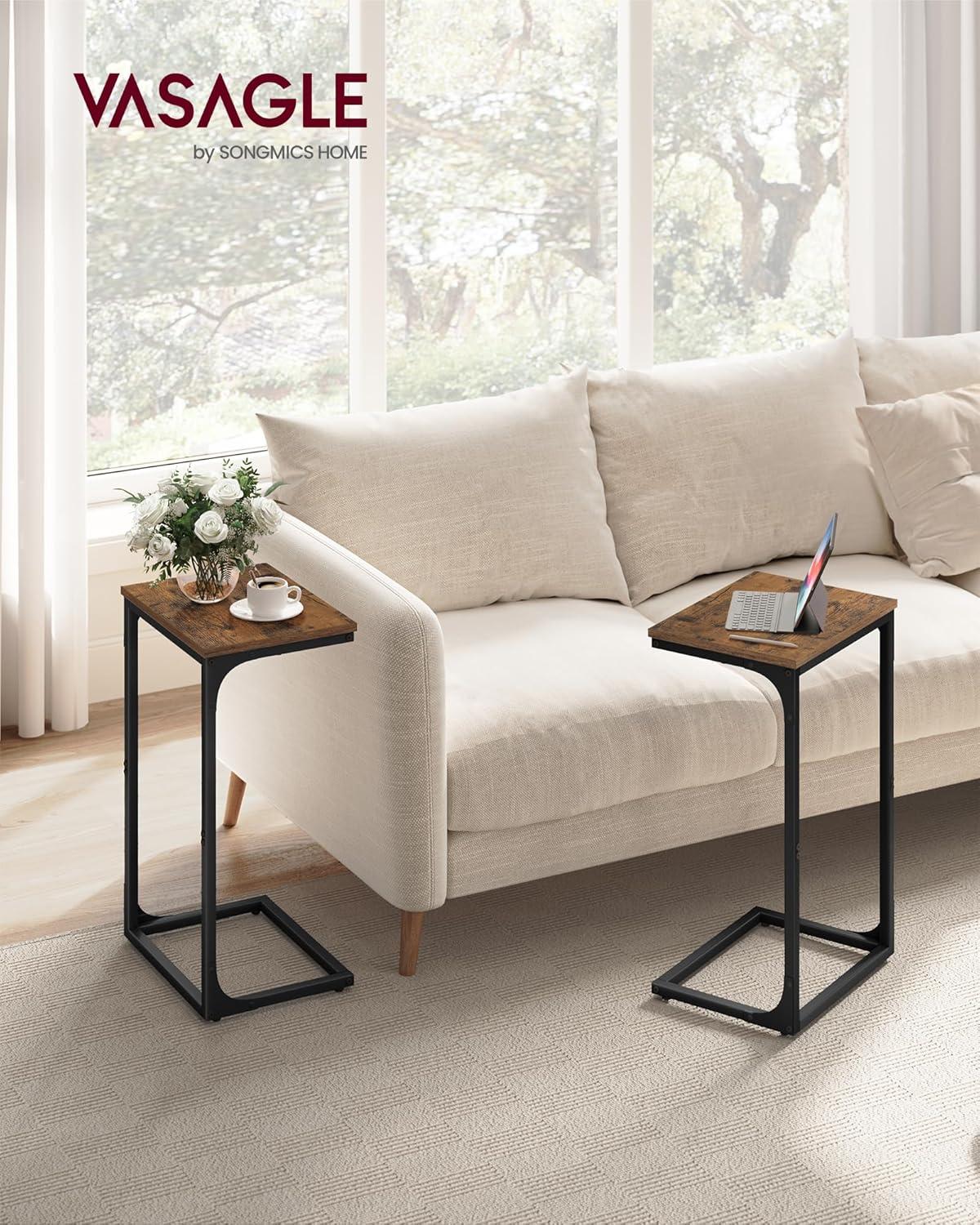 Rustic Brown and Black C-Shaped Metal Frame Side Table