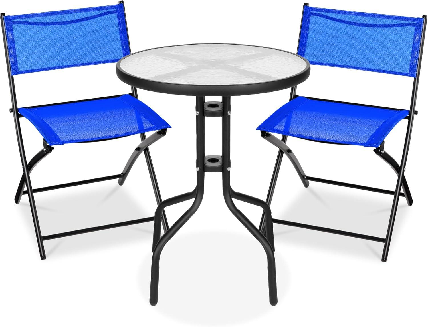 George Oliver 3-Piece Patio Bistro Dining Furniture Set W/ Glass Tabletop, Folding Chairs