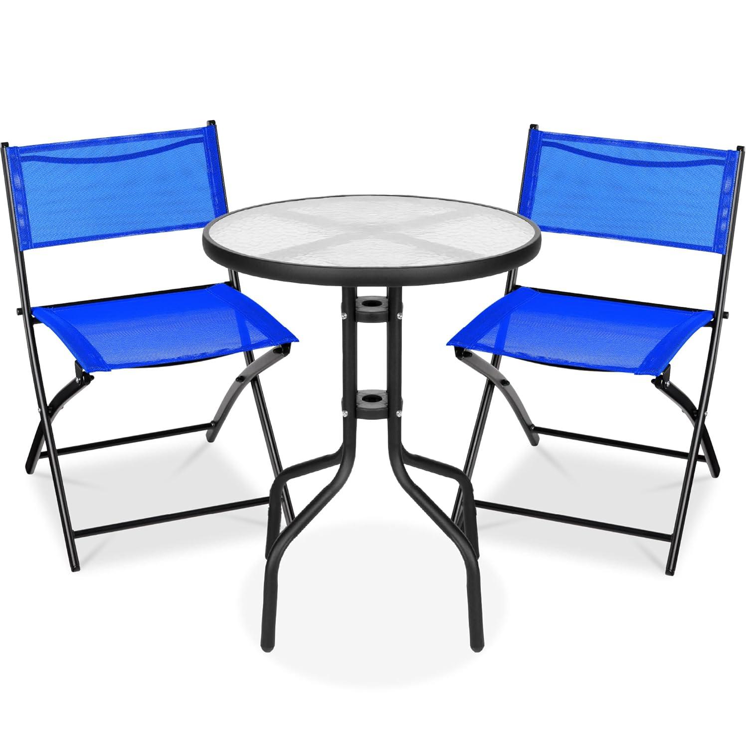 George Oliver 3-Piece Patio Bistro Dining Furniture Set W/ Glass Tabletop, Folding Chairs