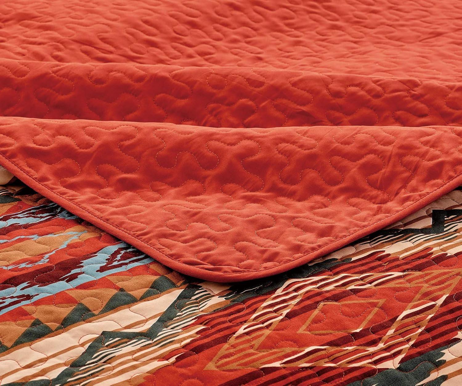 Rustic Western Native American Quilt Bedspread Coverlet Bedding Set in Modern Southwest Tribal Patterns in Soft Beige Brown Turquoise Blue Copper Burnt Orange & Rust Colors - Arizona (Full/Queen)