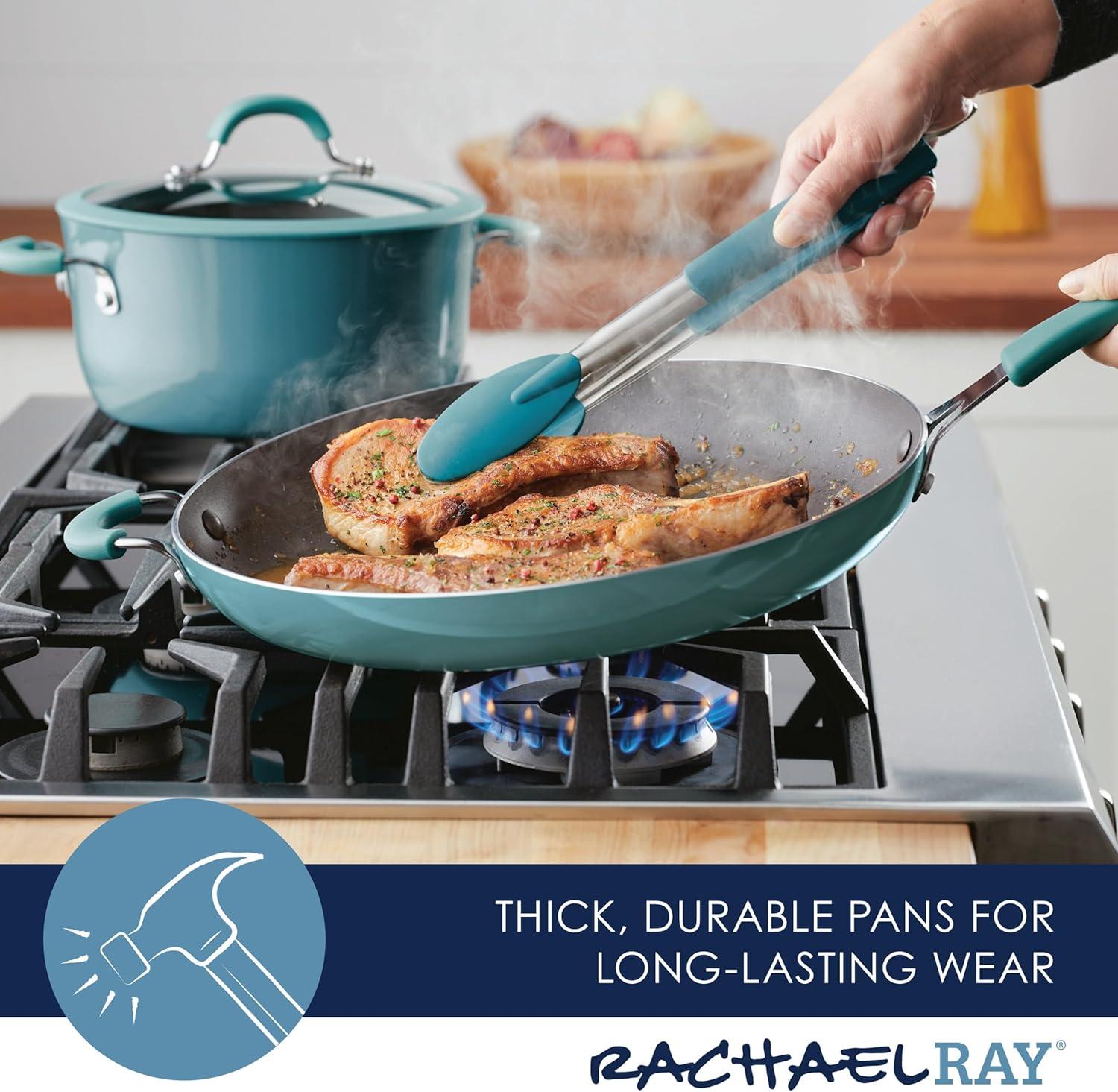 Rachael Ray Cook & Create Aluminum Nonstick Frying Pan / Skillet, 14 Inch, Agave Blue