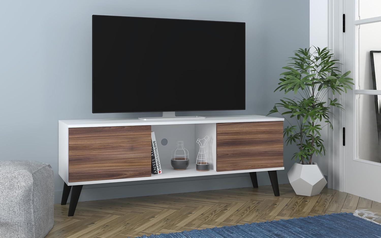 Manhattan Comfort Doyers 53.15" Mid Century TV Stand for Bedroom and Living Room Use, Entertainment Center with Storage, Shelf and Soft Close Doors, Ideal for 50 Inch Screens, White/Nut Brown