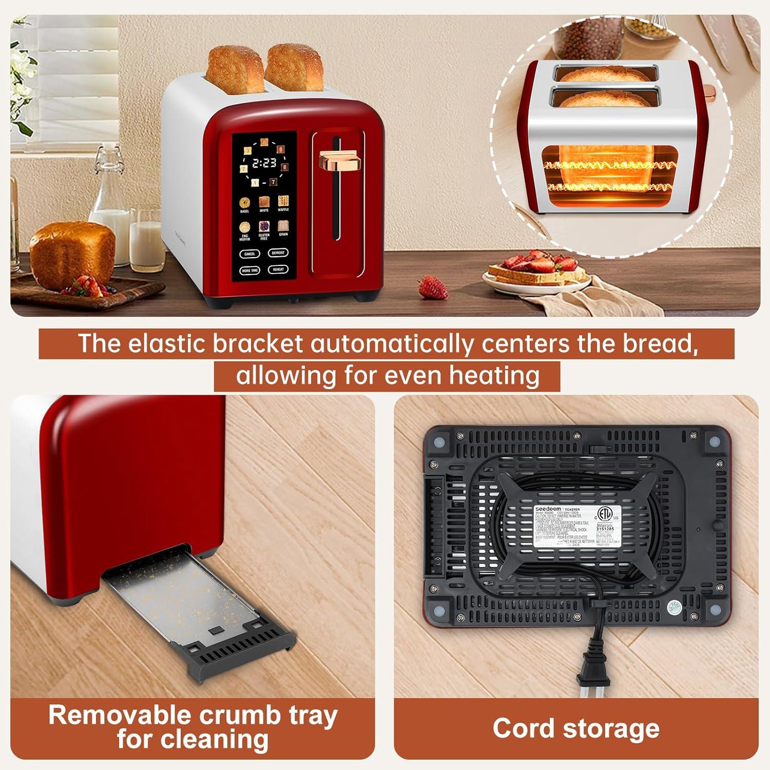 SEEDEEM Toaster 2 Slice with Touch Screen, Faster Heating Speed, 7 Shade Setting, 6 Bread Type, 1.5”Wide Slots Toaster, Removable Crumb Tray, 1350W, Dark Cherry