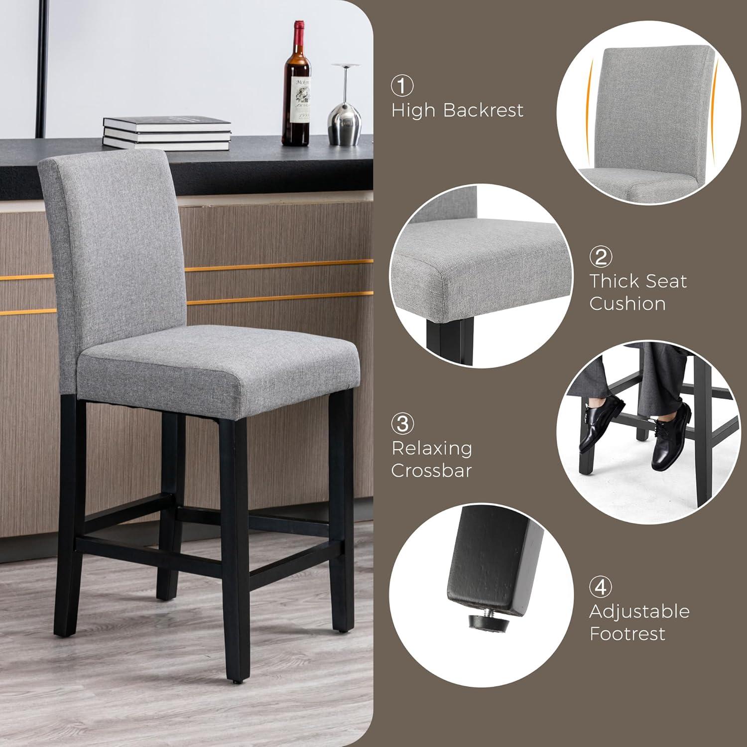 GOTMINSI Counter Height Bar Stool, Classic Upholstered 24 Inches Counter Height Stools Set of 4 barstools with Solid Wood Legs and Grey Fabric