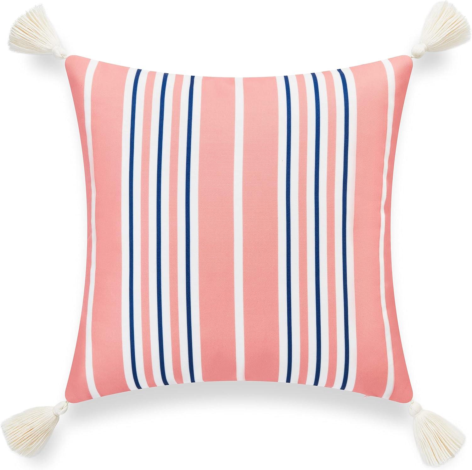 Hofdeco Premium Coastal Patio Indoor Outdoor Throw Pillow Cover Only, 18"x18" Water Resistant for Backyard, Couch, Coral Pink Navy Blue Stripe Tassel