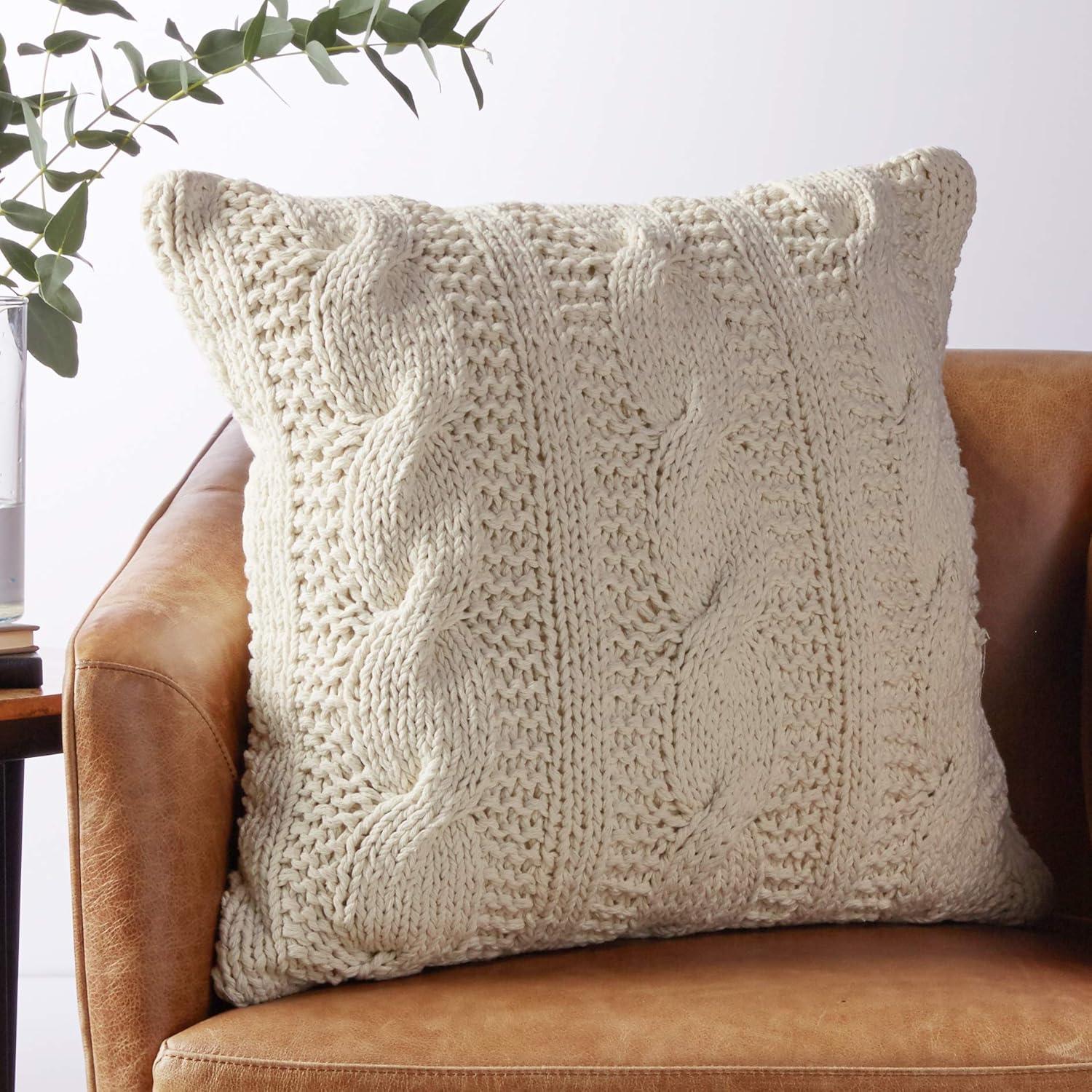 Vanilla Cable Knit Cotton Square Throw Pillow Set