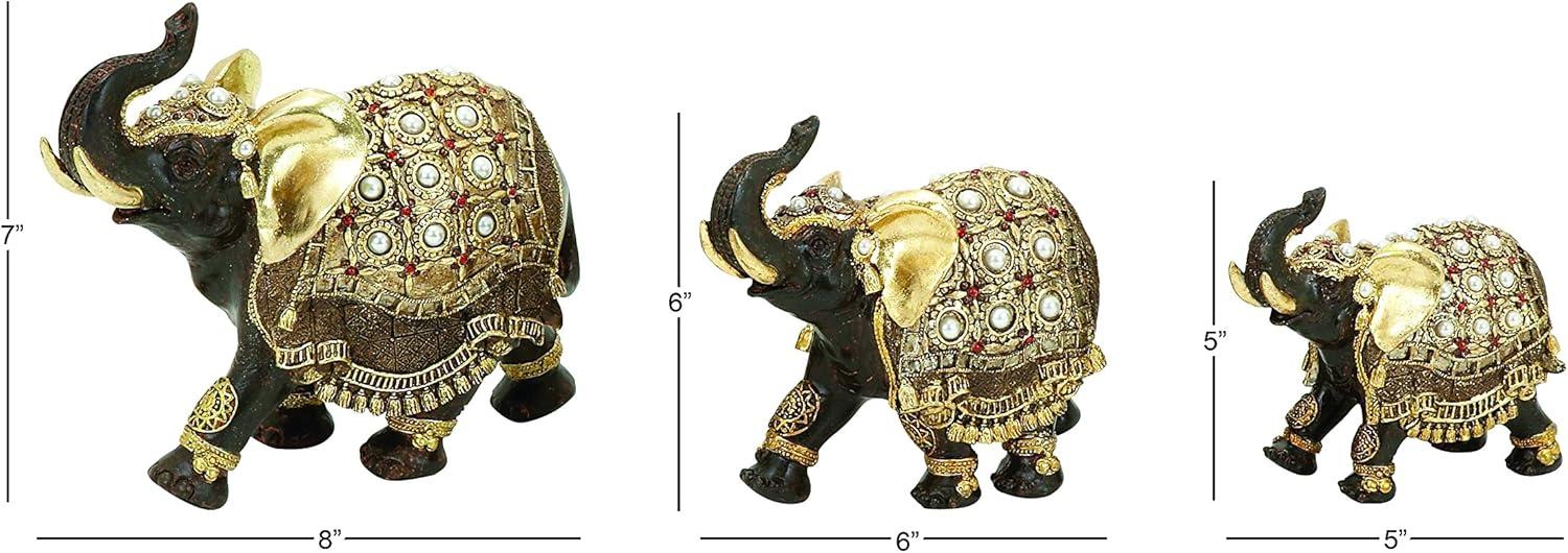 World Menagerie Alfhild Polystone Handmade Decorated Elephant Gold Sculpture with Ornate Dresswear and Pearl Accents Set