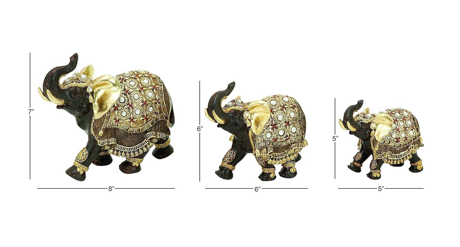 World Menagerie Alfhild Polystone Handmade Decorated Elephant Gold Sculpture with Ornate Dresswear and Pearl Accents Set