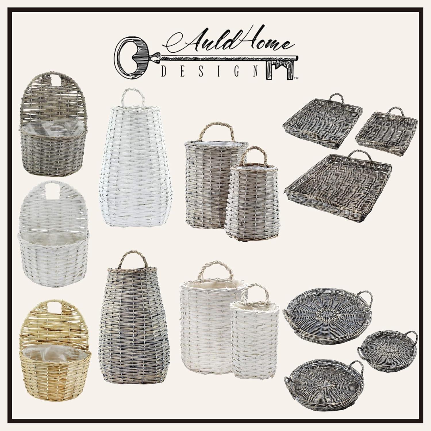 AuldHome Design Wall Hanging Baskets, White, 2pc Set; Small/Medium Wicker Rustic Farmhouse Door