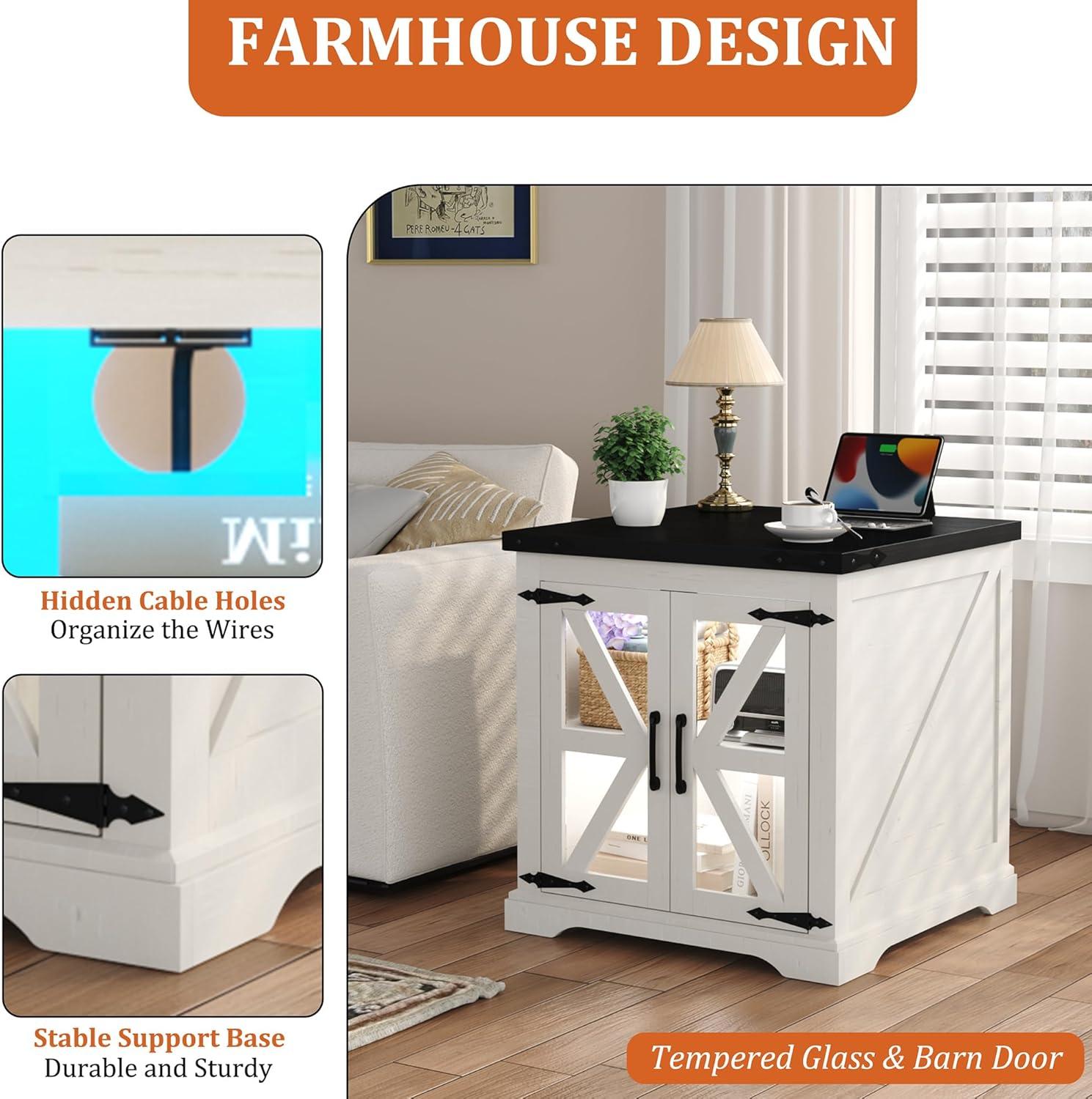 JXQTLINGMU Farmhouse End Table, 24" Large Sofa Side Table with Charging Station, Mesh Barn Door, and Adjustable Storage Shelf, Rustic Wood Square Nightstand for Living Room, Bedroom, Office, White