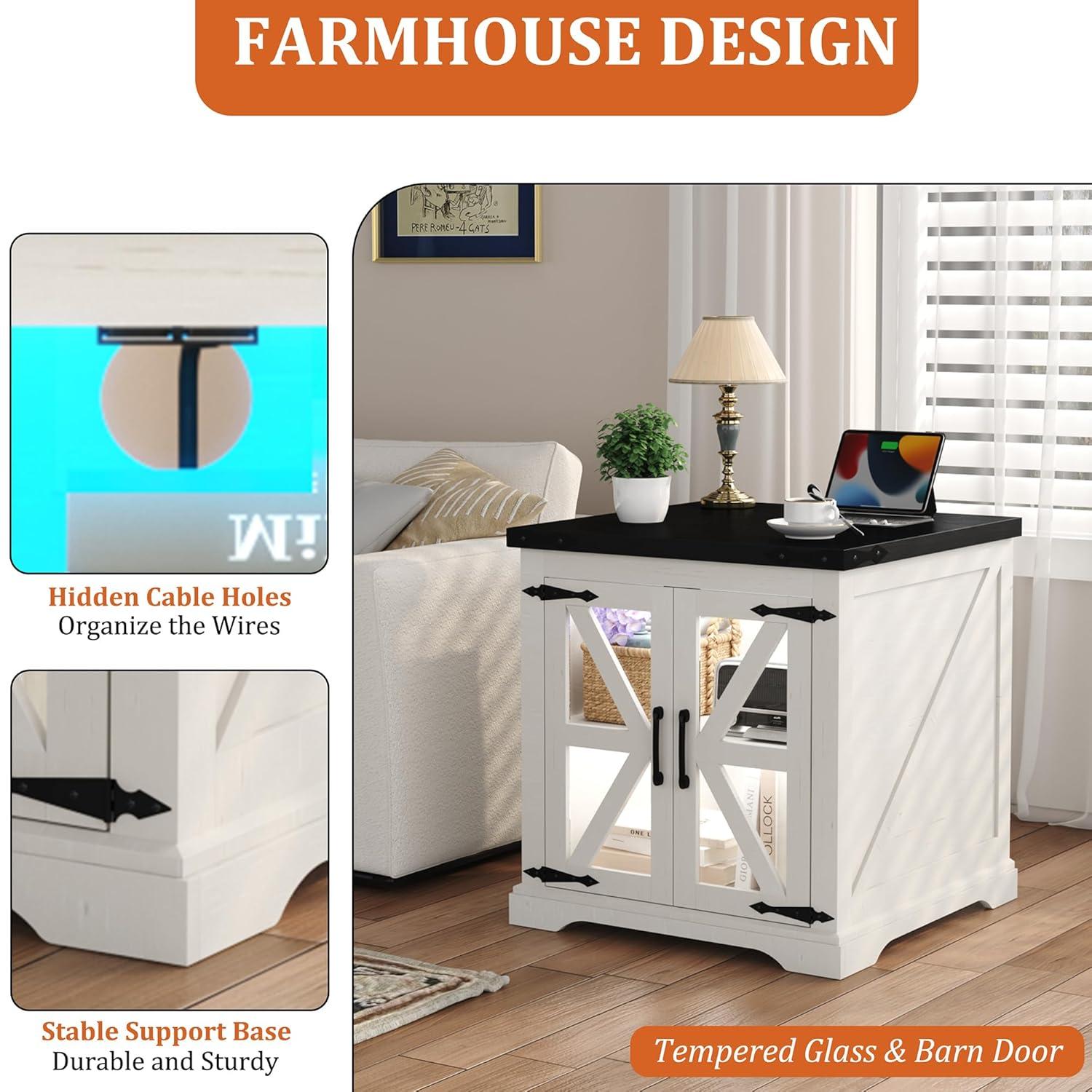 JXQTLINGMU Farmhouse End Table, 24" Large Sofa Side Table with Charging Station, Mesh Barn Door, and Adjustable Storage Shelf, Rustic Wood Square Nightstand for Living Room, Bedroom, Office, White