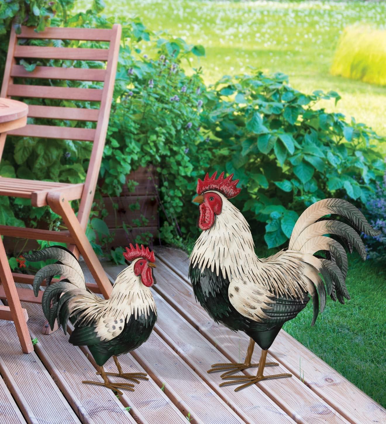 Large Green and White Metal Rooster Decor