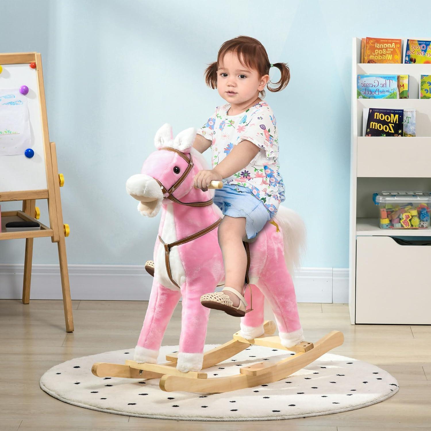 Qaba Rocking Horse with Sound, Ride on Horse with Saddle, Toddler Rocker, Gift for 3-8 Year Old, Pink