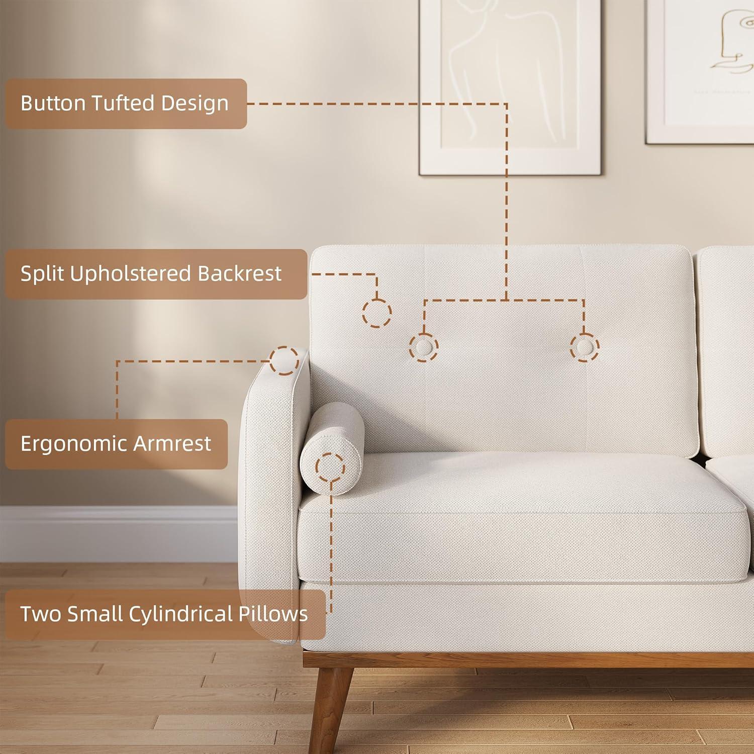 Beige Linen Upholstered Mid Century Modern Loveseat Sofa