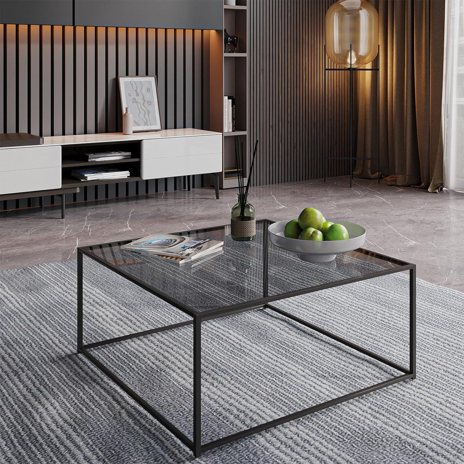 Modern Square Tempered Glass Coffee Table with Black Metal Frame