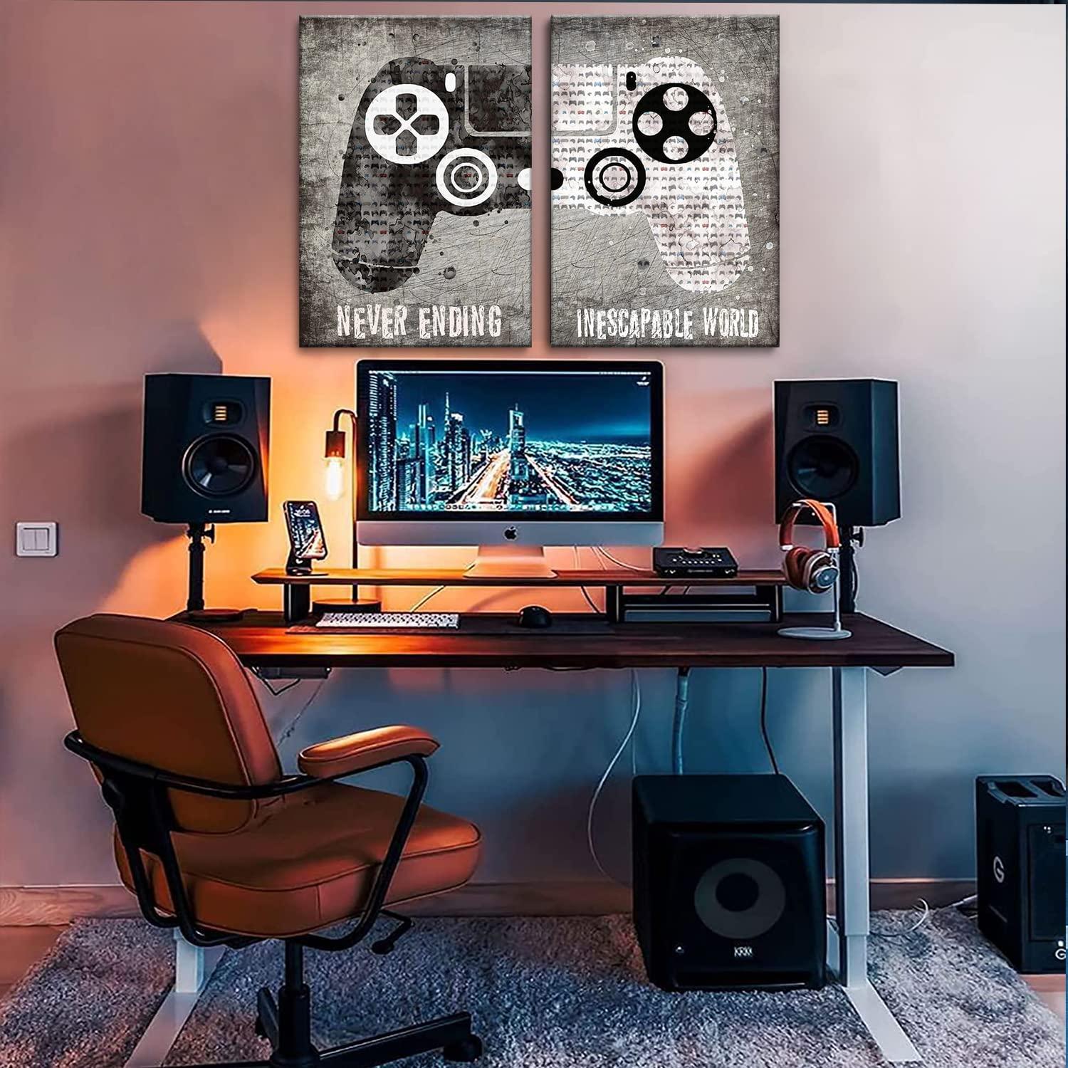 3 Pcs Framed Neon Gamer Symbol Canvas Wall Art Paintings Gaming Wall Decor Prints Pictures Posters Artwork for Kids Teenage Boys Game Room Playroom Bedroom Decoration Ready to hang Gifts for Gamers